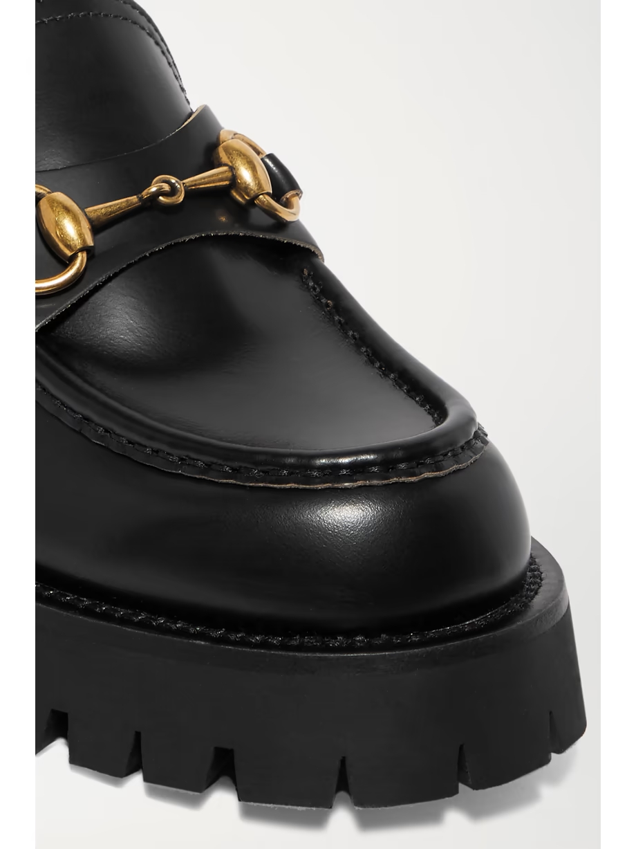 Horsebit-detailed metallic embroidered leather platform loafers