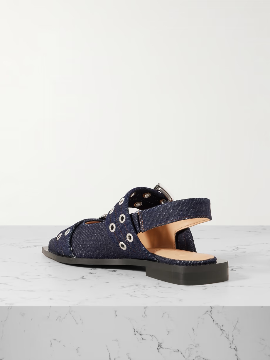 Buckled eyelet-embellished recycled denim ballet flats Buckled eyelet-embellished recycled denim ballet flats