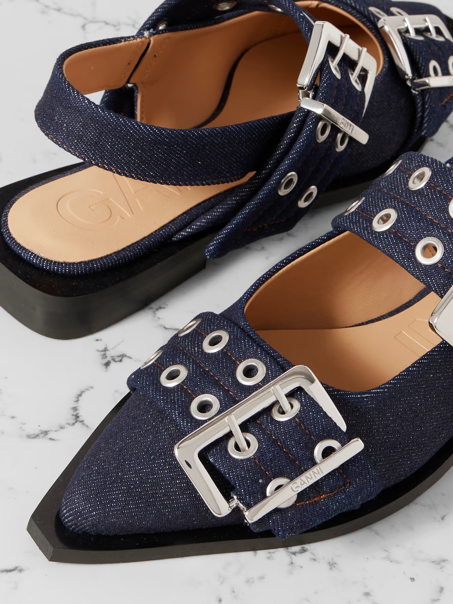 Buckled eyelet-embellished recycled denim ballet flats Buckled eyelet-embellished recycled denim ballet flats