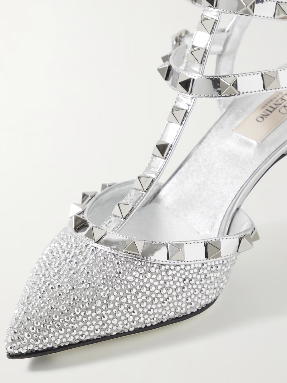 Rockstud 65 crystal-embellished metallic leather pumps