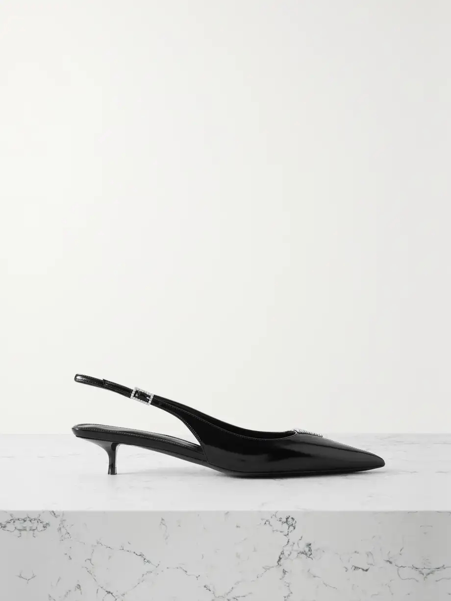 Cherish crystal-embellished glossed-leather slingback pumps Cherish crystal-embellished glossed-leather slingback pumps