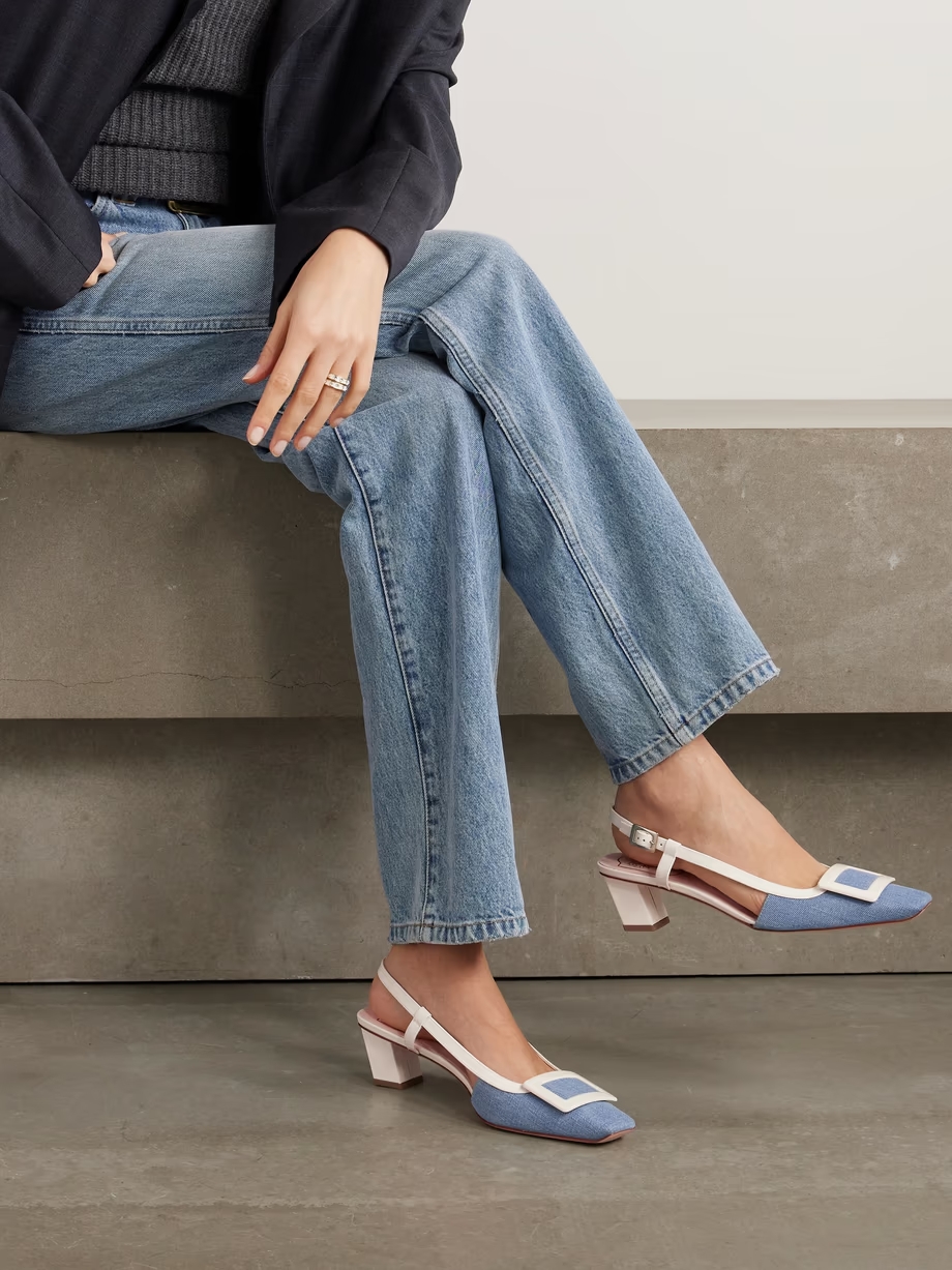 Belle Vivier patent-leather and denim slingback pumps