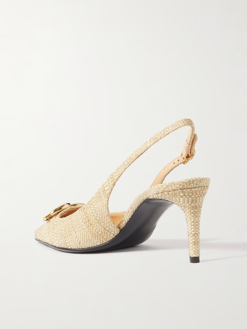 Logo-embellished raffia slingback pumps