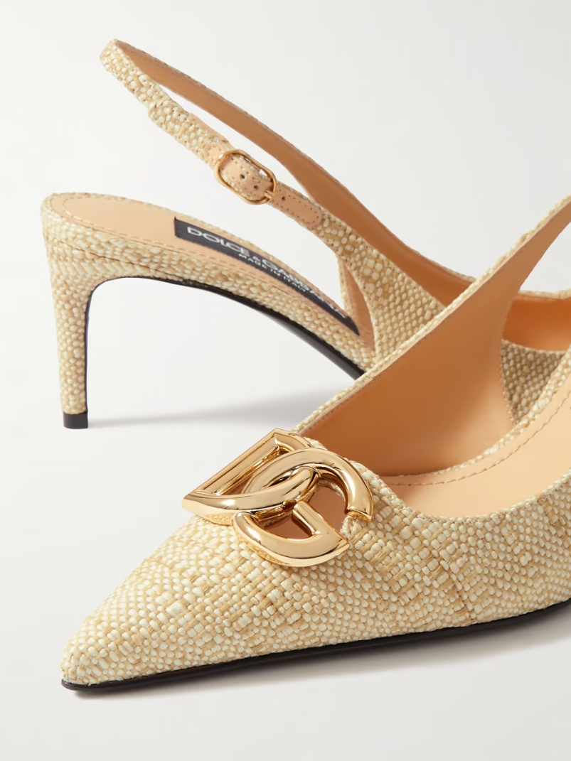 Logo-embellished raffia slingback pumps