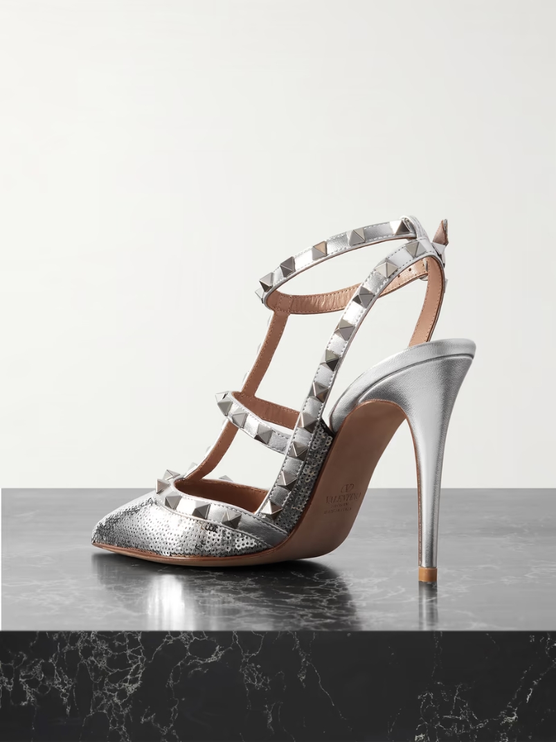 Rockstud 100 sequined metallic leather point-toe pumps