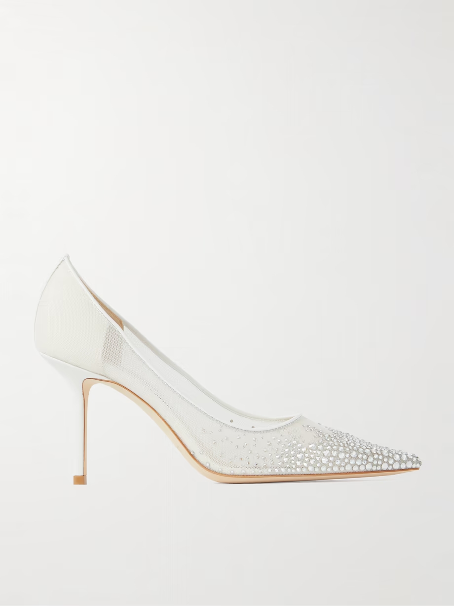 Love 85 leather-trimmed crystal-embellished mesh pumps