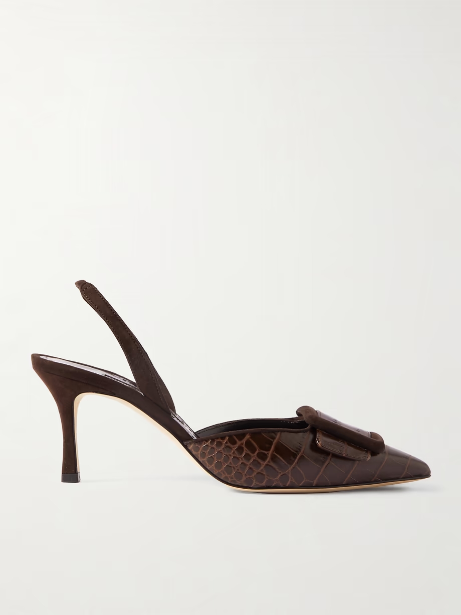 Mayslibi 70 buckled suede-trimmed croc-effect leather slingback pumps