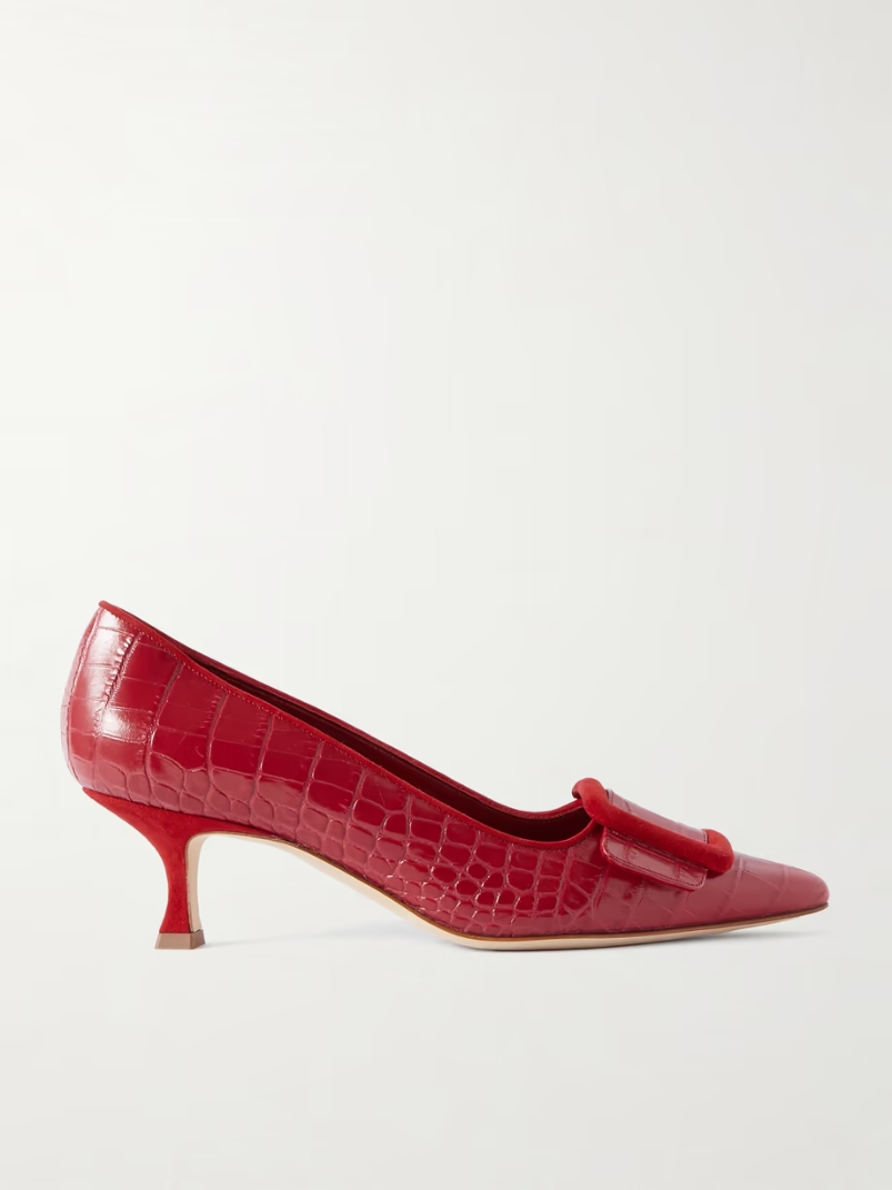 Maysale 50 buckled suede-trimmed croc-effect leather pumps