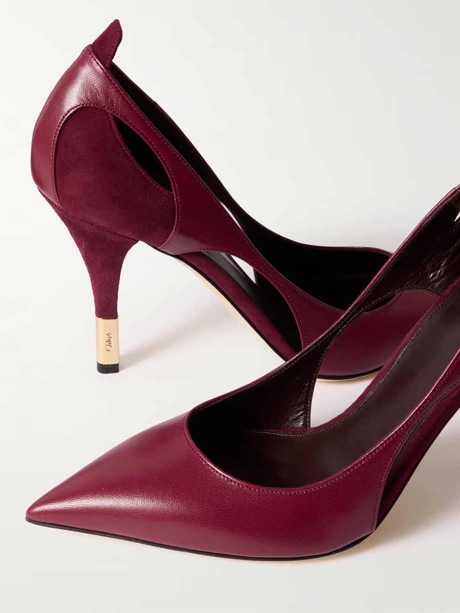 Saada cutout suede-trimmed leather pumps