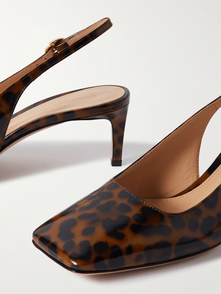 Nuit 55 leopard-print glossed-leather slingback pumps