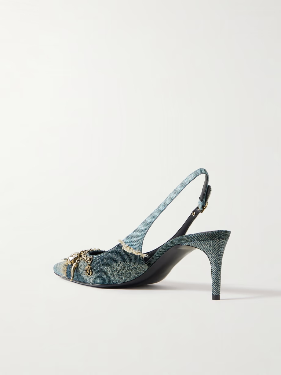 Embellished frayed distressed denim slingback pumps Embellished frayed distressed denim slingback pumps
