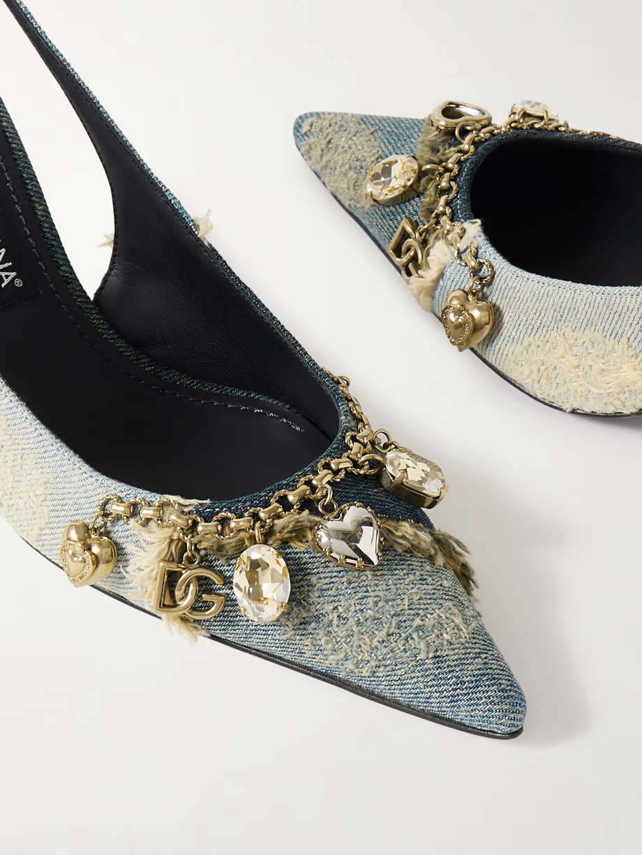 Embellished frayed distressed denim slingback pumps Embellished frayed distressed denim slingback pumps