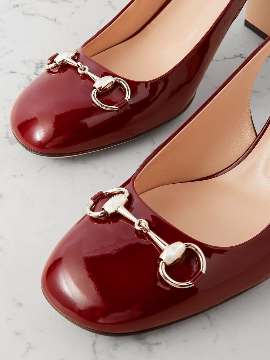 Lady horsebit-embellished patent-leather slingback pumps