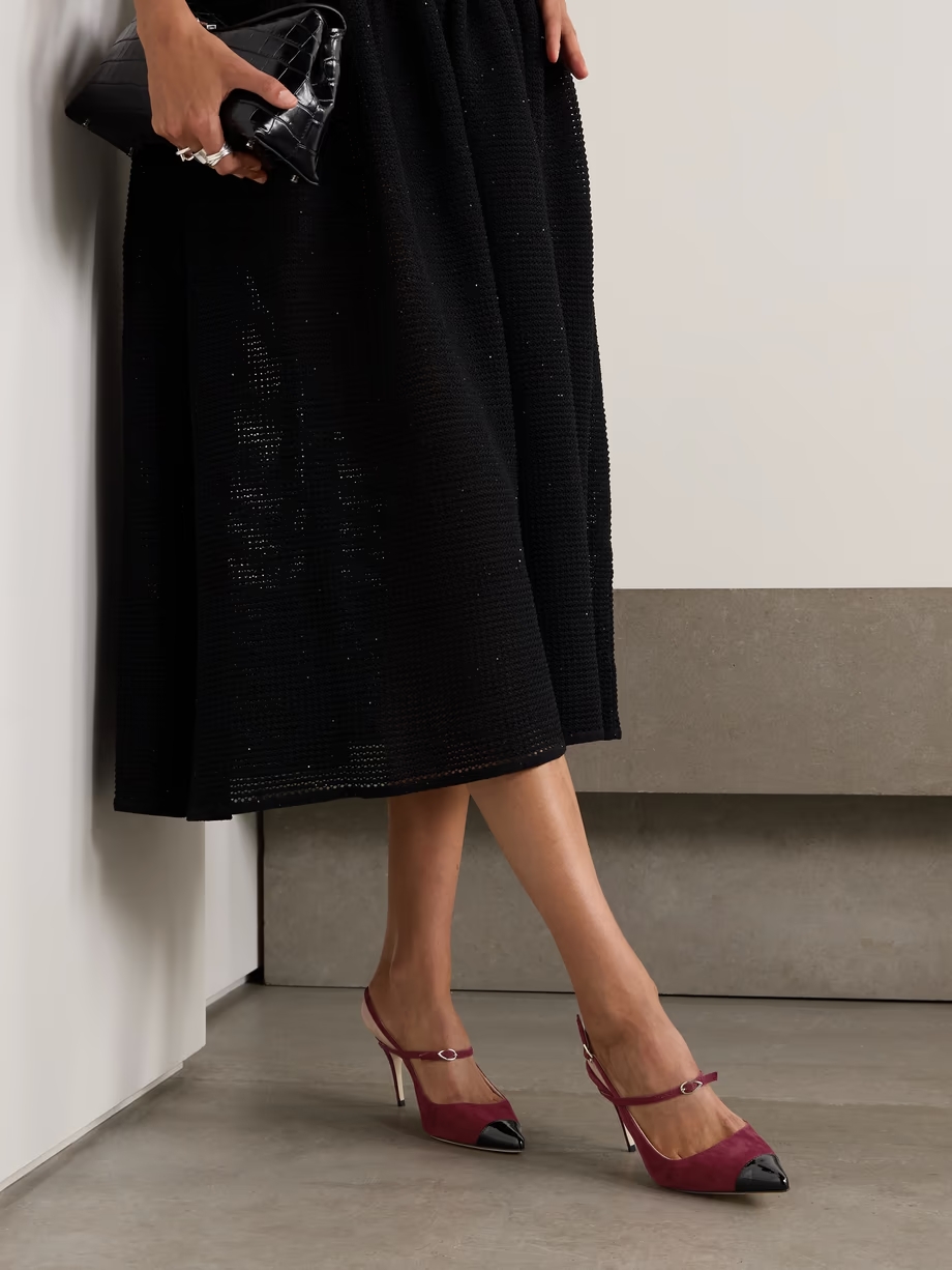 Edoardo 85 patent leather-trimmed suede slingback pumps Edoardo 85 patent leather-trimmed suede slingback pumps