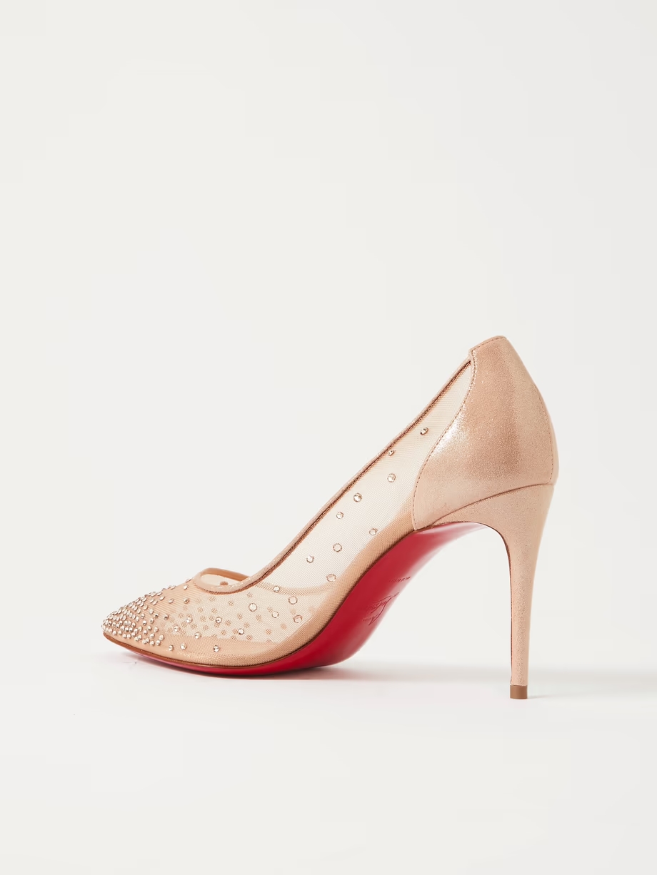 Follies 85 crystal-embellished mesh and glittered-leather pumps