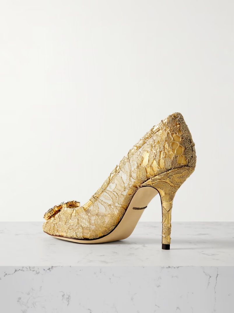 Bellucci crystal-embellished metallic corded lace pumps