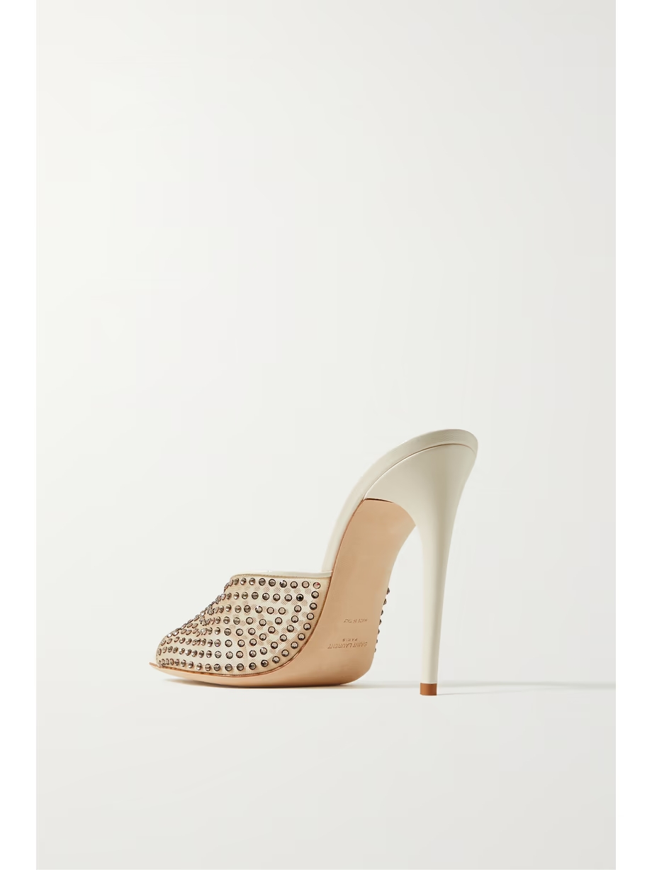 Blonde leather-trimmed crystal-embellished mesh mules