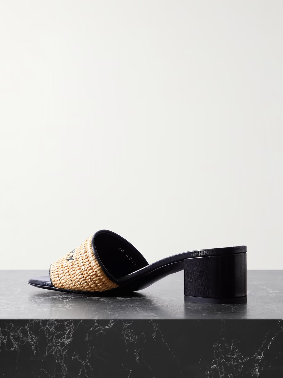 4G leather-trimmed embroidered raffia mules