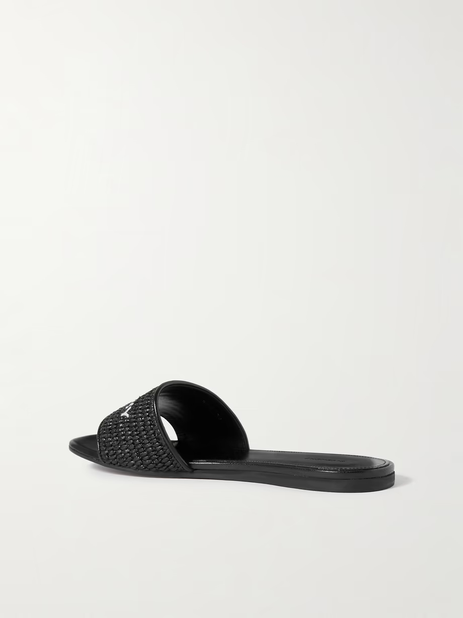 4G leather-trimmed embroidered raffia slides