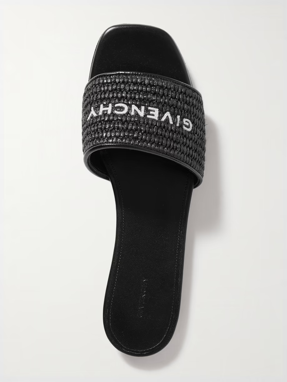 4G leather-trimmed embroidered raffia slides