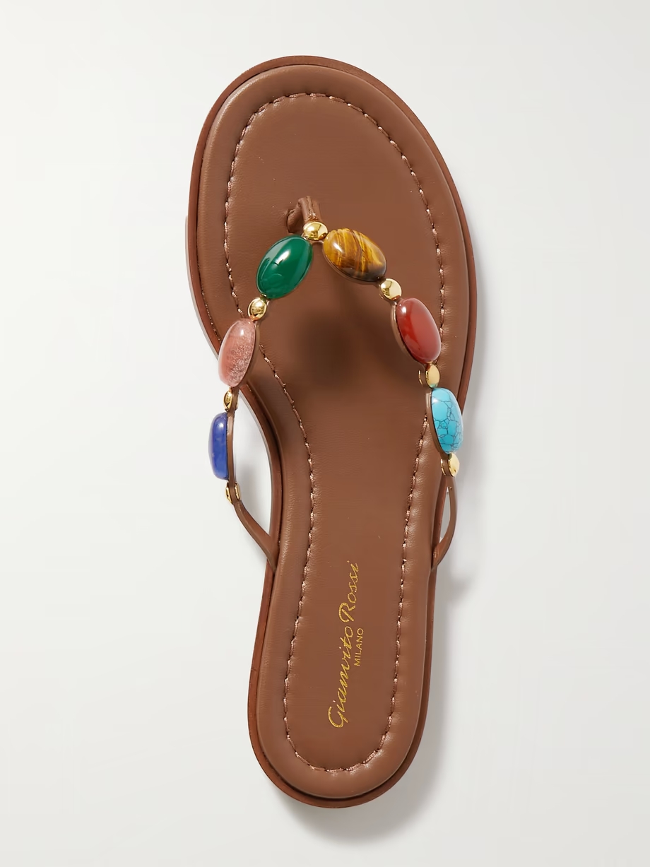 Embellished leather flip flops