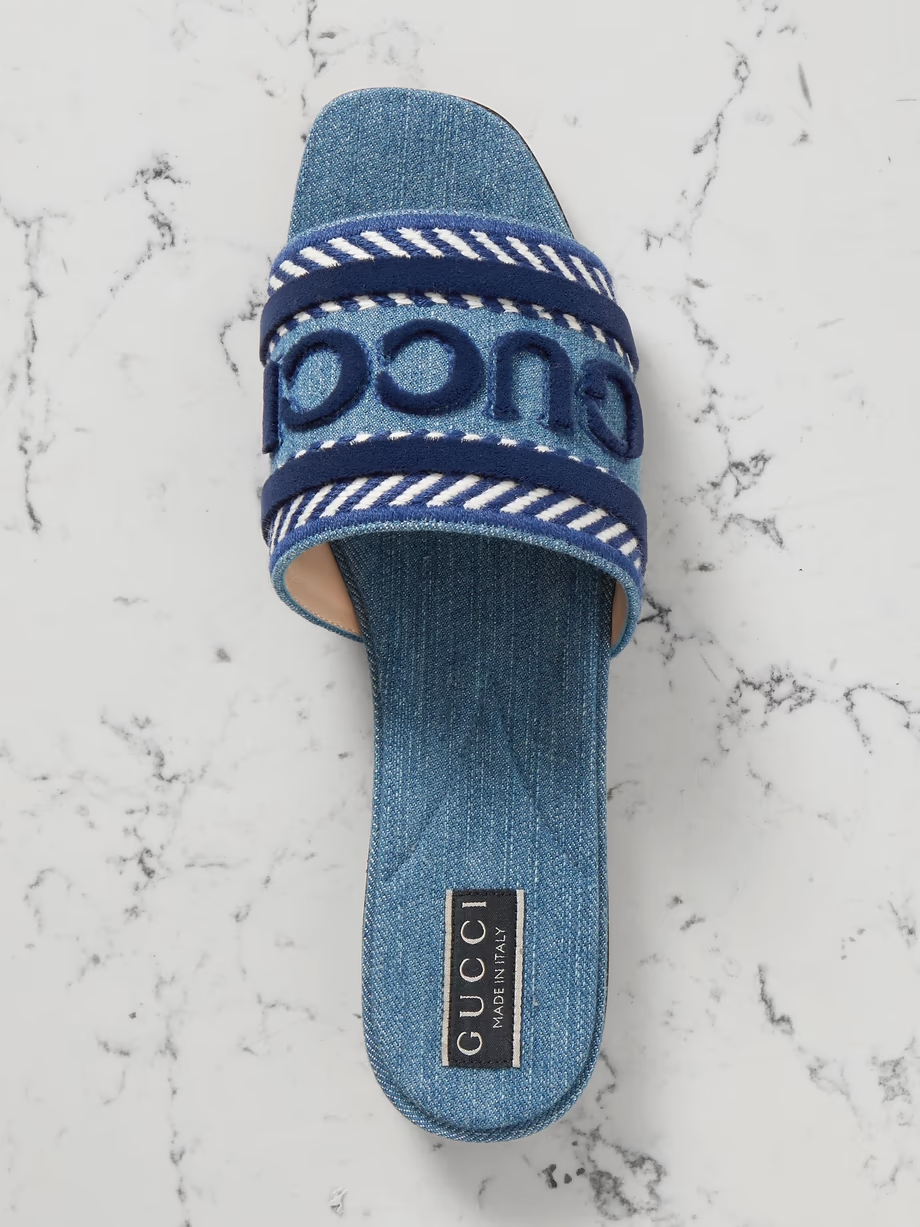 Jane velvet-trimmed embroidered denim slides