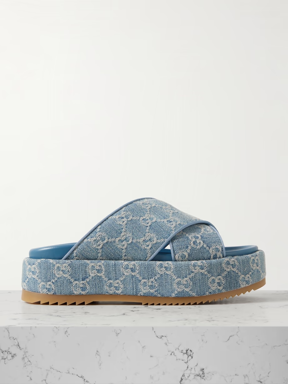 Angelina denim-jacquard platform slides