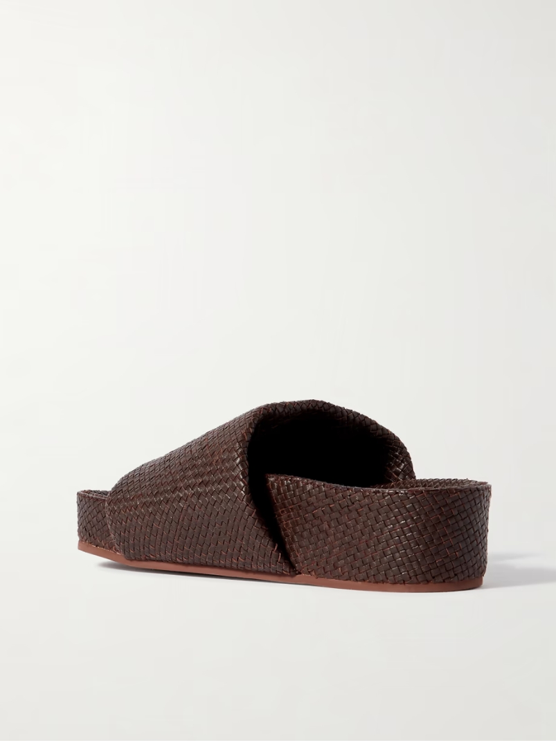 Woven leather platform slides