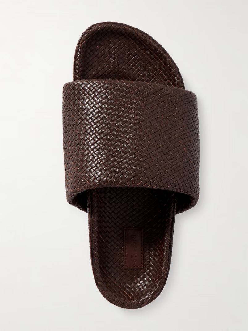 Woven leather platform slides