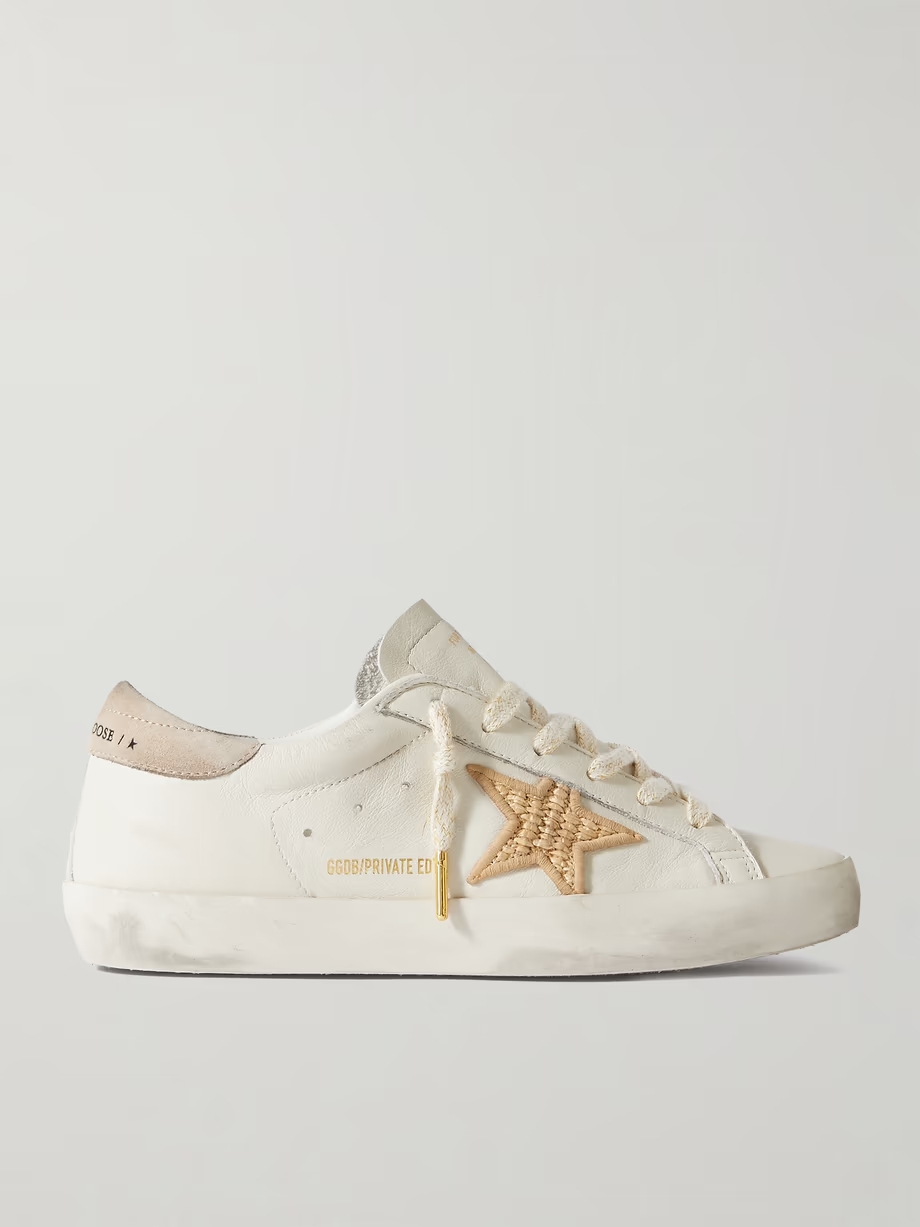 Super-Star raffia-trimmed distressed leather sneakers