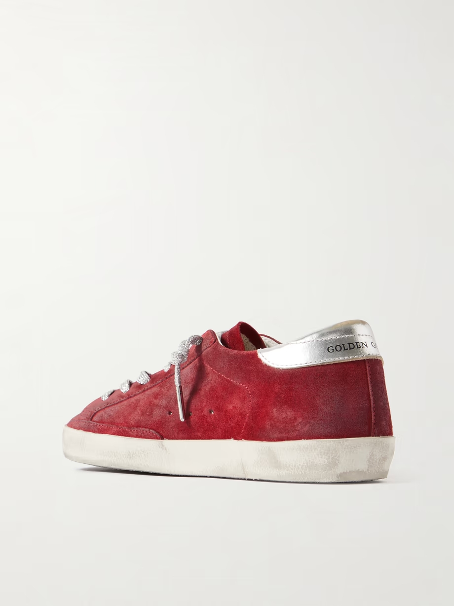 Super-star distressed metallic leather-trimmed suede sneakers