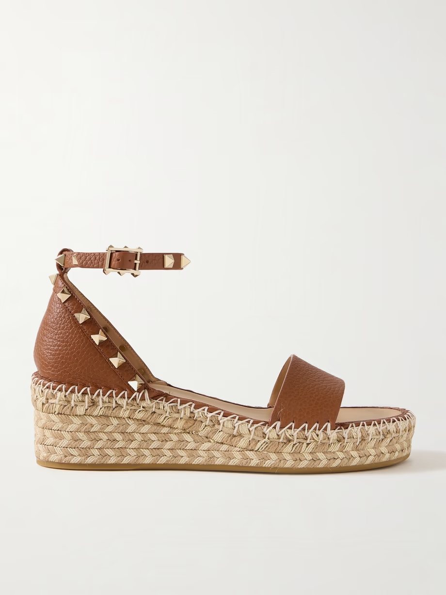 Rockstud 55 textured-leather espadrille wedge sandals