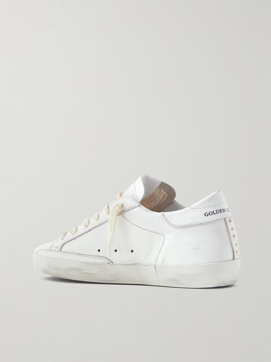 Superstar faux pearl-embellished distressed leather sneakers