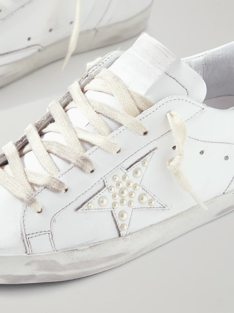 Superstar faux pearl-embellished distressed leather sneakers