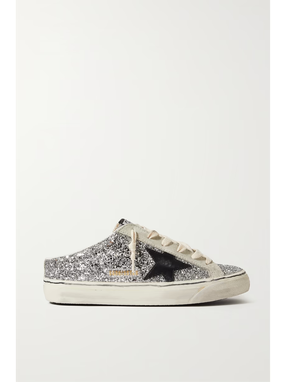 Super-Star Sabot distressed glittered leather and suede slip-on sneakers