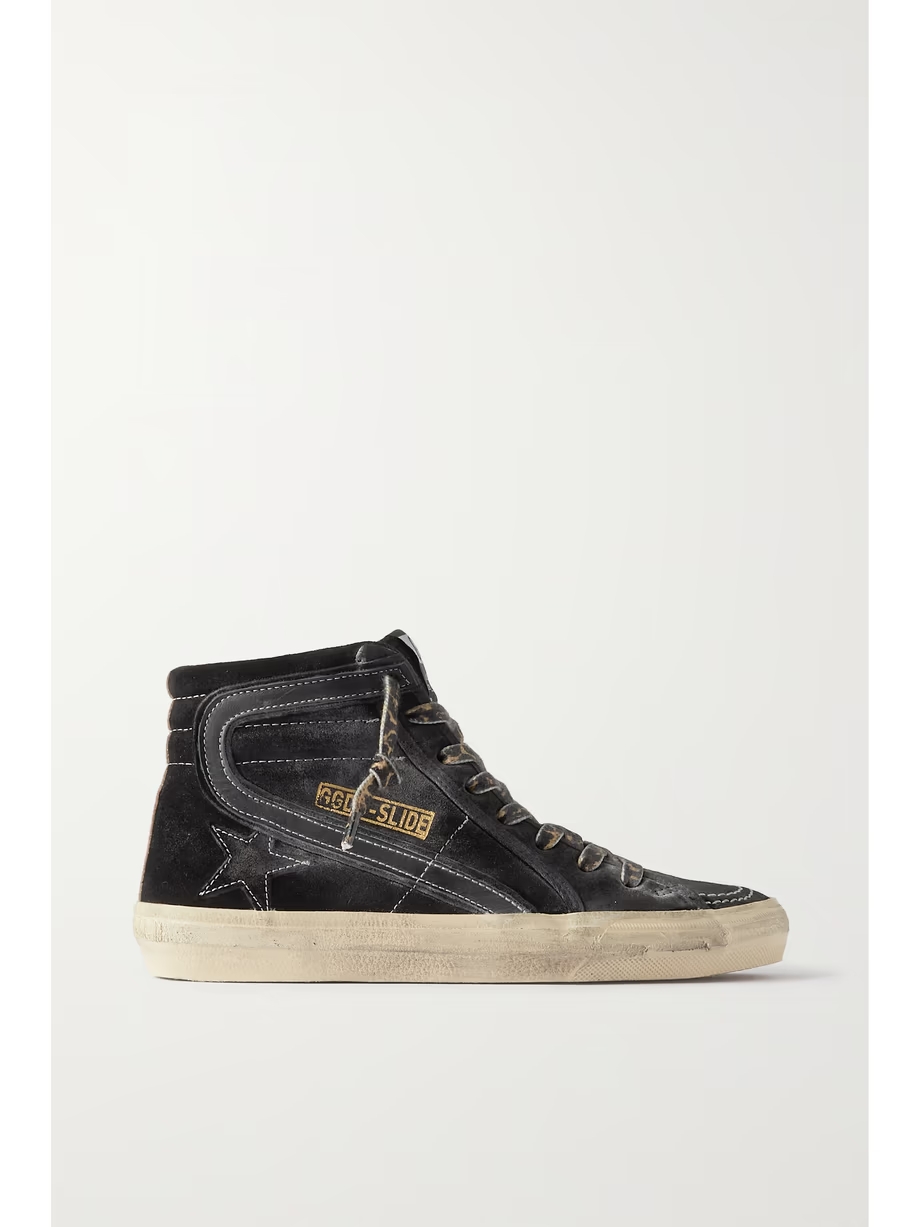 Slide distressed leather-trimmed suede high top sneakers