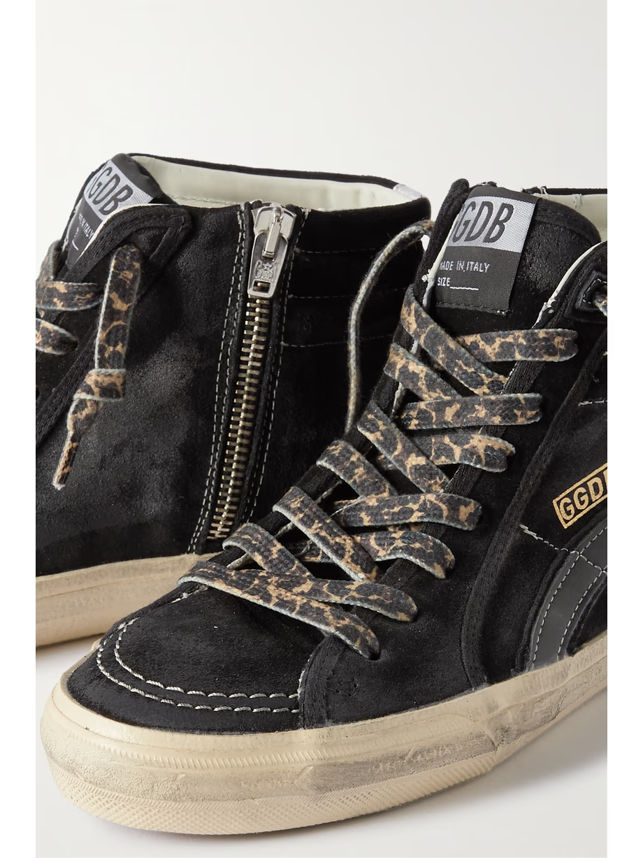 Slide distressed leather-trimmed suede high top sneakers