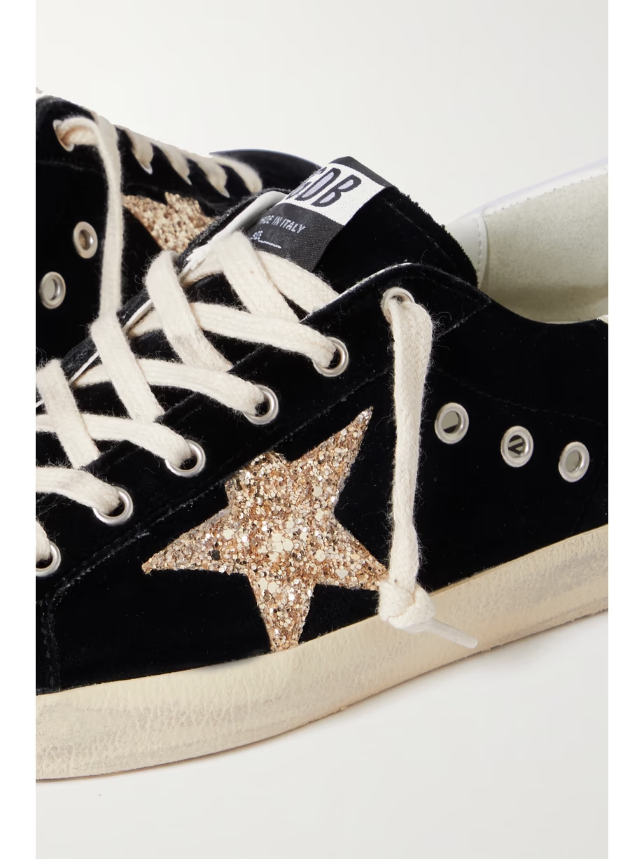 Super-Star eyelet-embellished distressed glittered leather and velvet sneakers