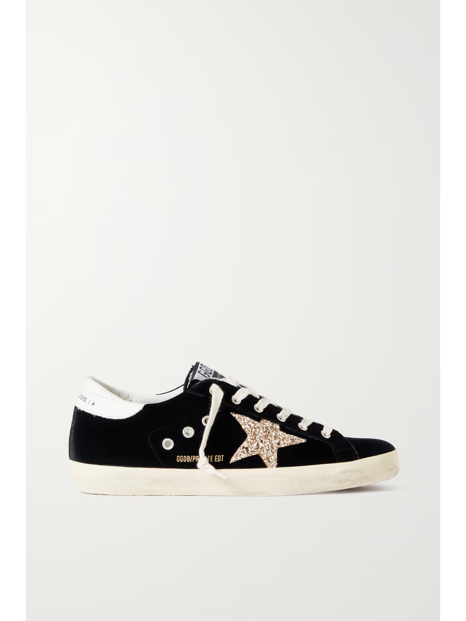 Super-Star eyelet-embellished distressed glittered leather and velvet sneakers