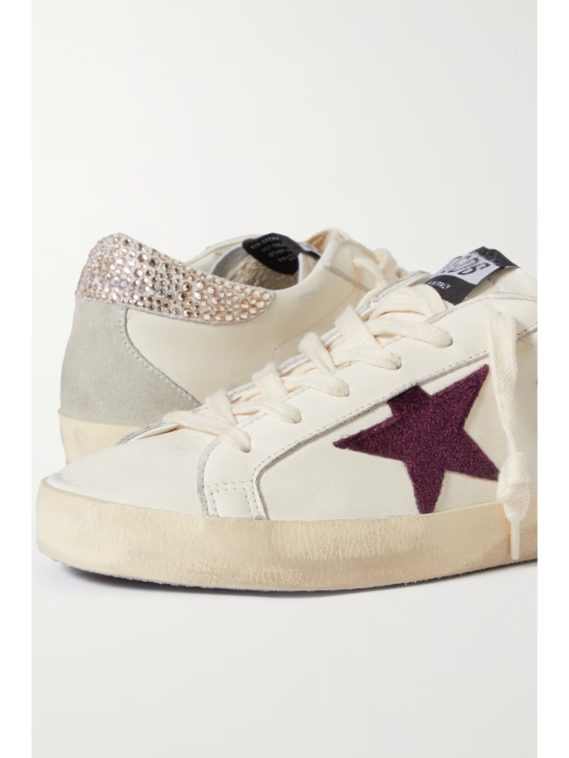 Super-Star crystal-embellished velvet-trimmed distressed leather sneakers