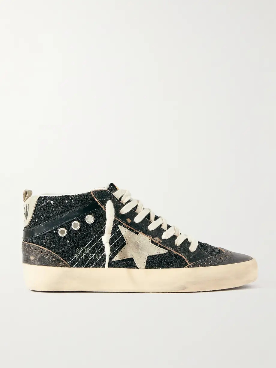 Mid Star suede and leather-trimmed distressed glittered faux leather sneakers Mid Star suede and leather-trimmed distressed glittered faux leather sneakers