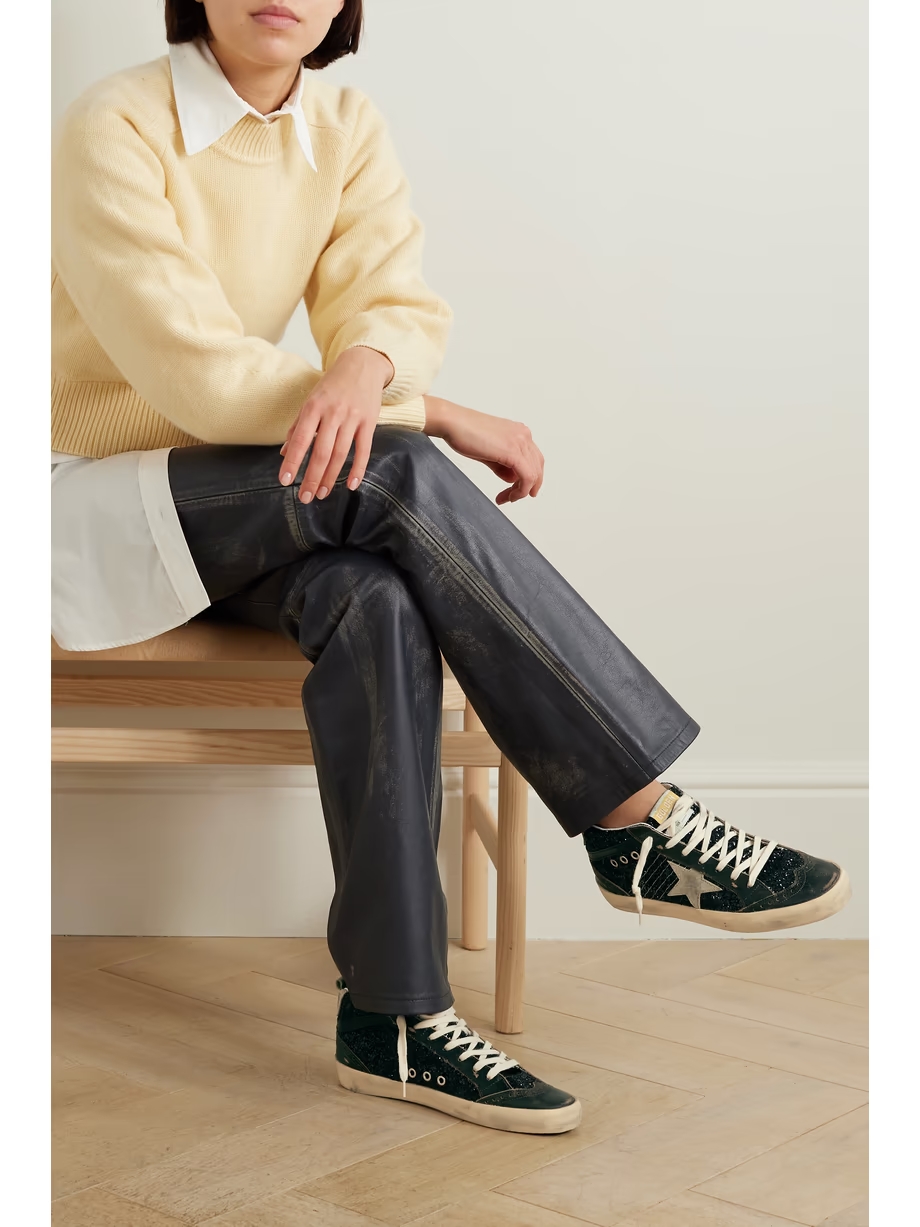 Mid Star suede and leather-trimmed distressed glittered faux leather sneakers Mid Star suede and leather-trimmed distressed glittered faux leather sneakers