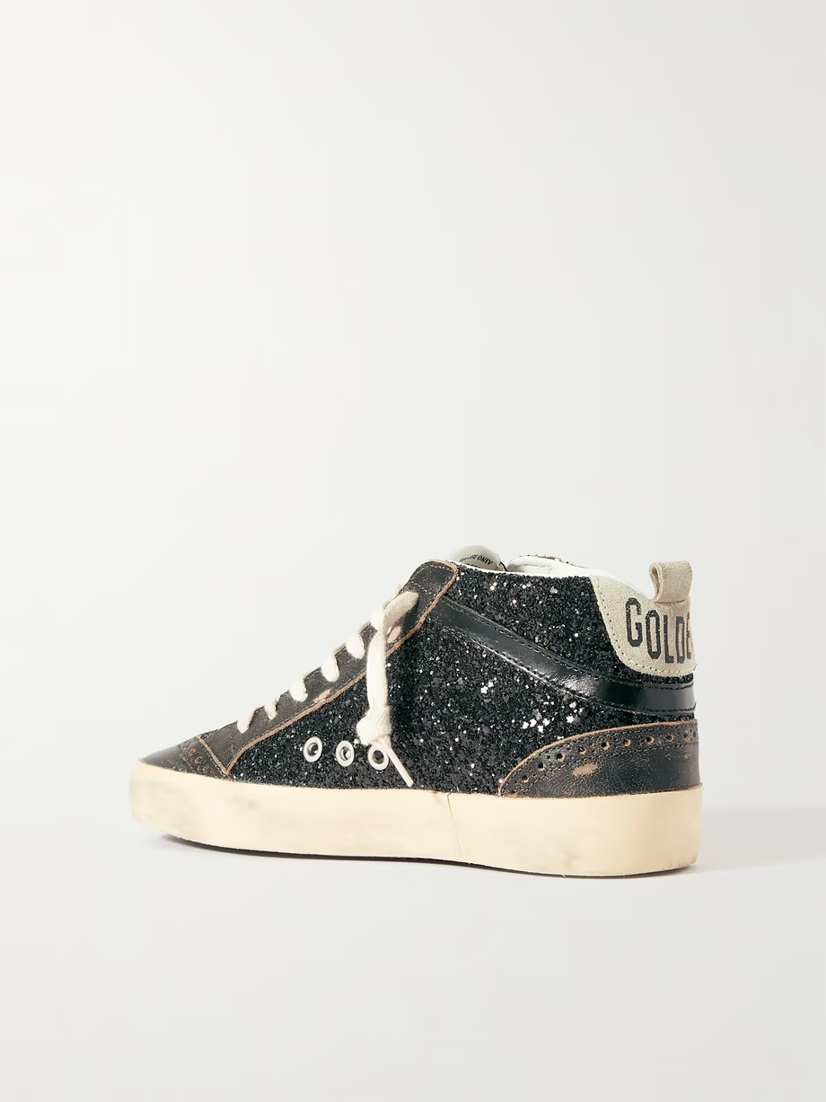 Mid Star suede and leather-trimmed distressed glittered faux leather sneakers Mid Star suede and leather-trimmed distressed glittered faux leather sneakers