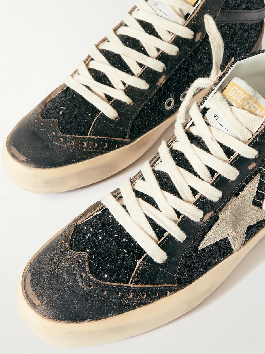 Mid Star suede and leather-trimmed distressed glittered faux leather sneakers Mid Star suede and leather-trimmed distressed glittered faux leather sneakers
