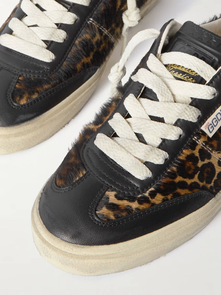 Soul-Star distressed leather-trimmed leopard-print calf hair sneakers