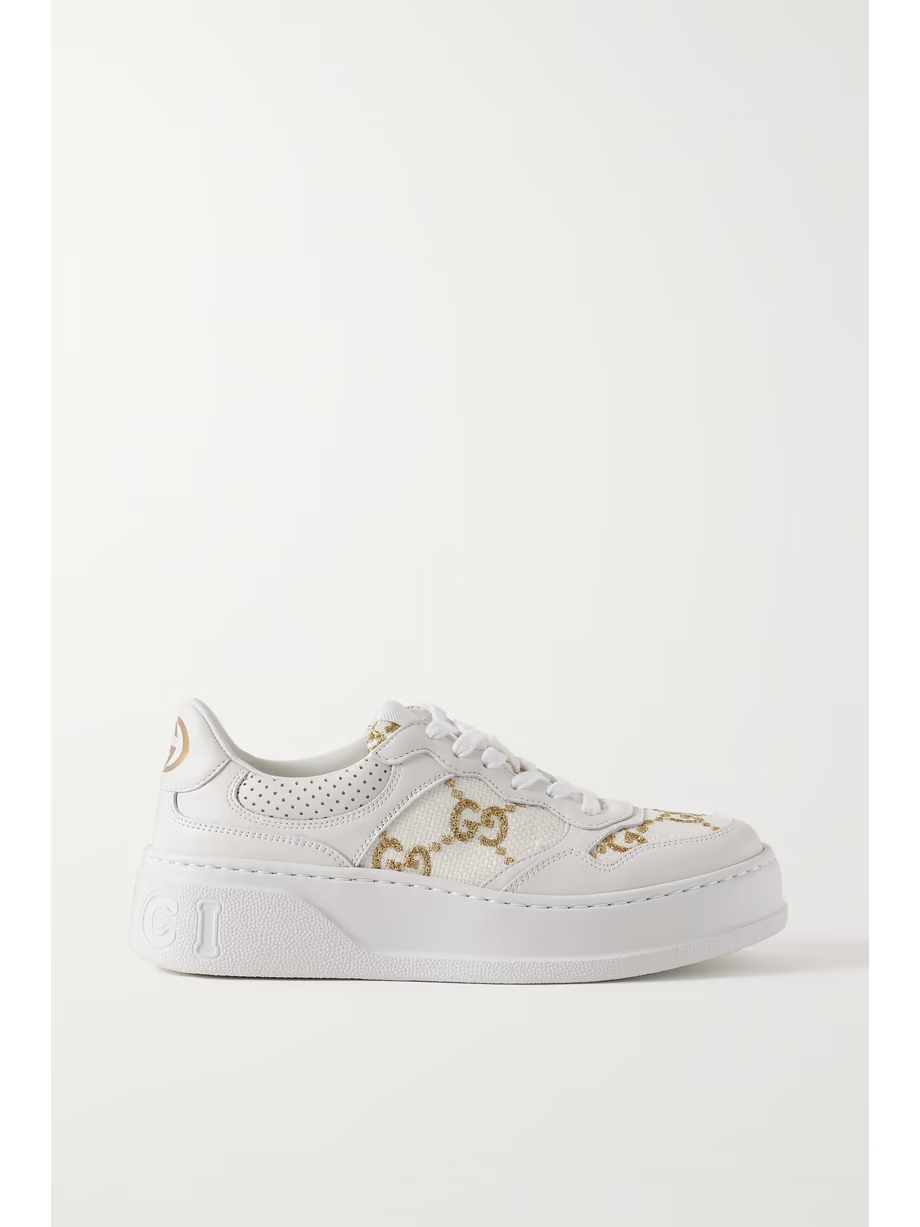 Leather and metallic embroidered canvas platform sneakers Leather and metallic embroidered canvas platform sneakers