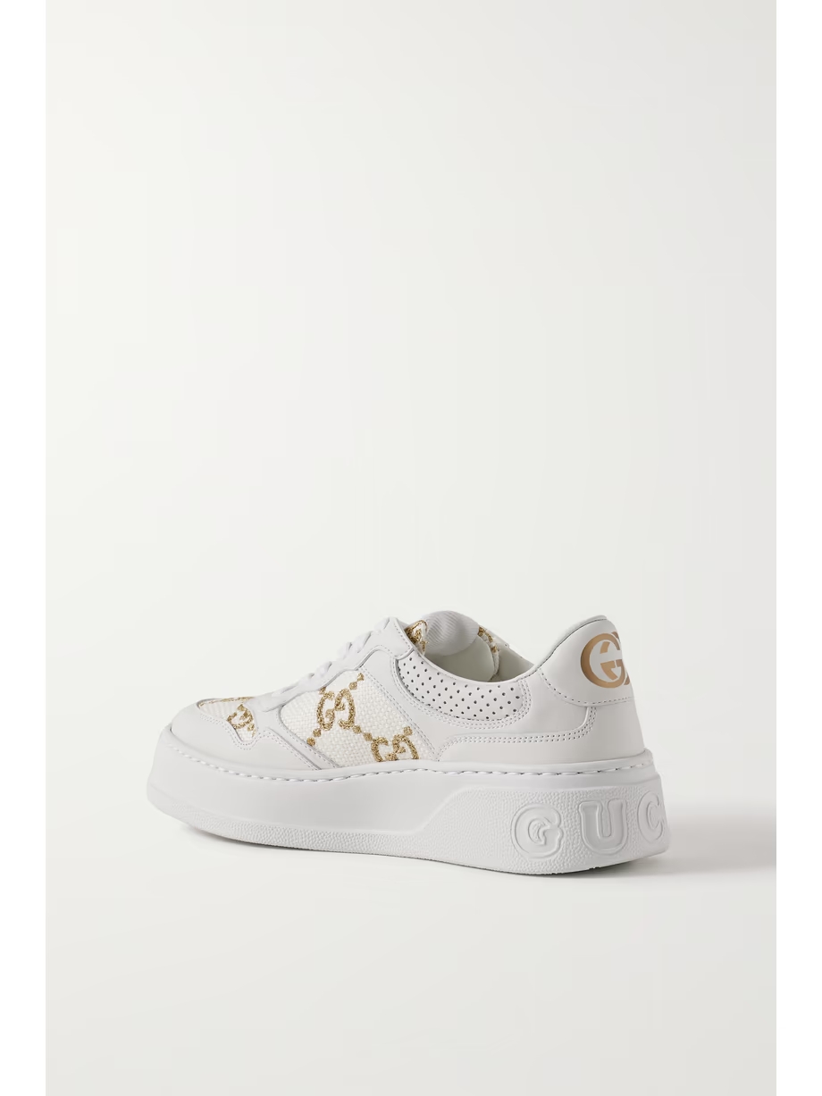 Leather and metallic embroidered canvas platform sneakers Leather and metallic embroidered canvas platform sneakers