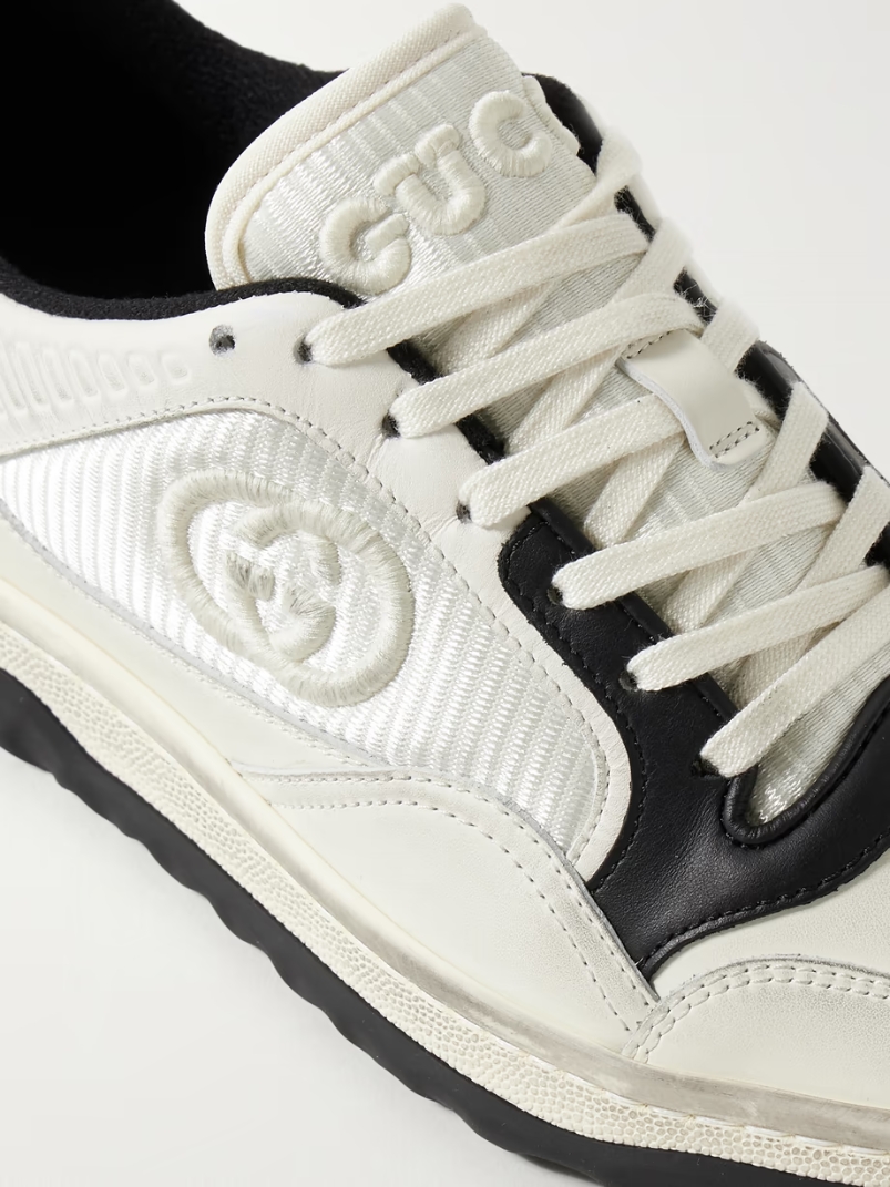 MAC80 distressed leather and embroidered ribbed-knit sneakers