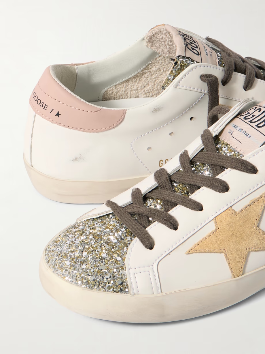 Super-Star distressed suede-trimmed glittered leather sneakers