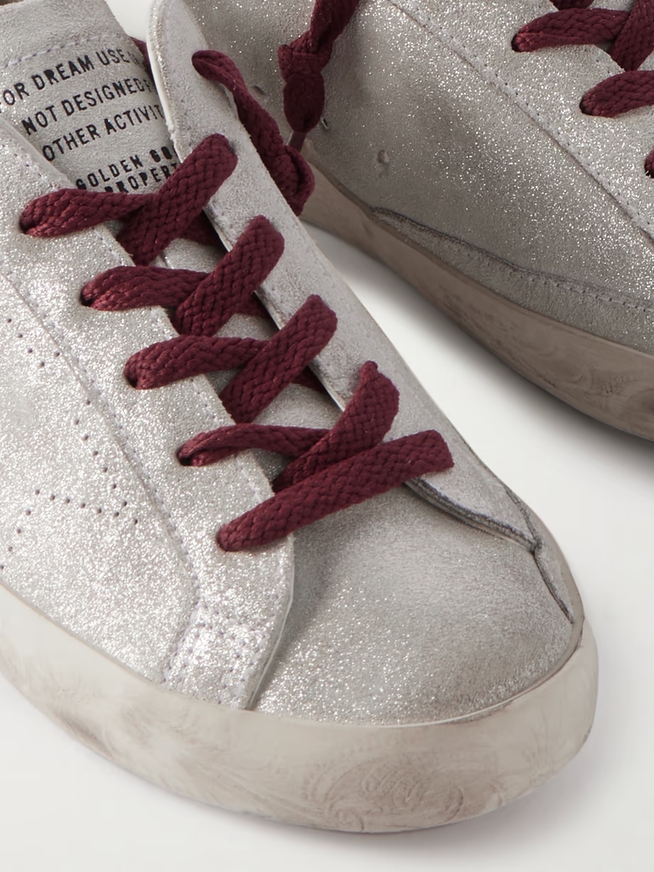 Super-Star distressed leather-trimmed metallic suede sneakers